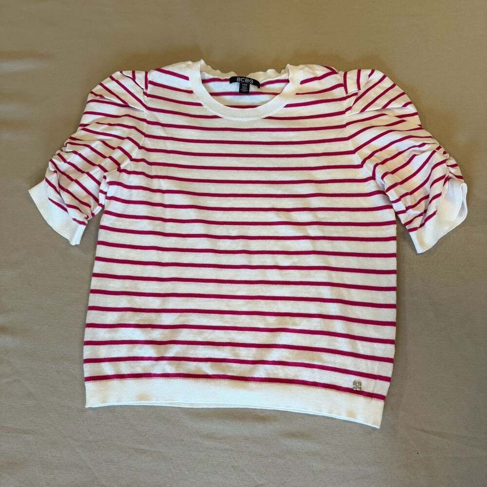 BCBG Women's White and Pink Striped Short Puff Sleeve Knit Pullover Sweater